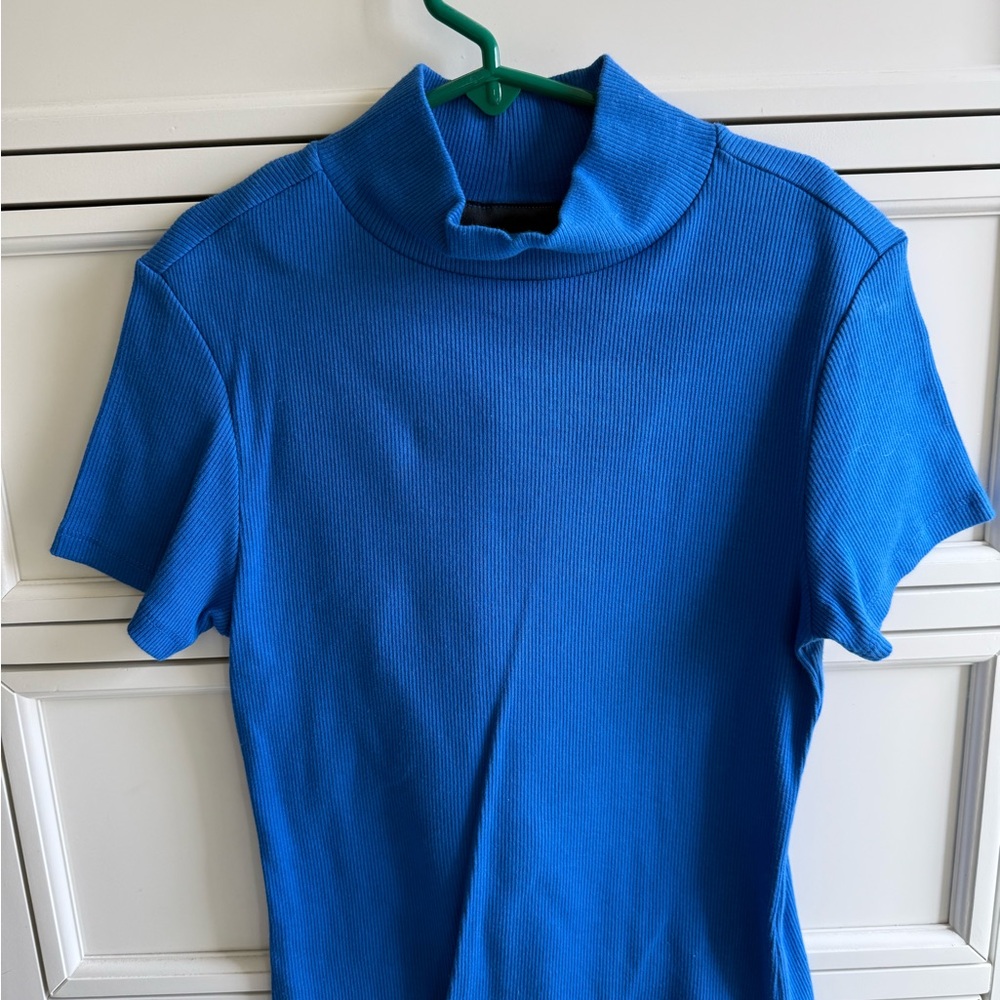 Maeve Blue Ribbed Mock Neck Top
